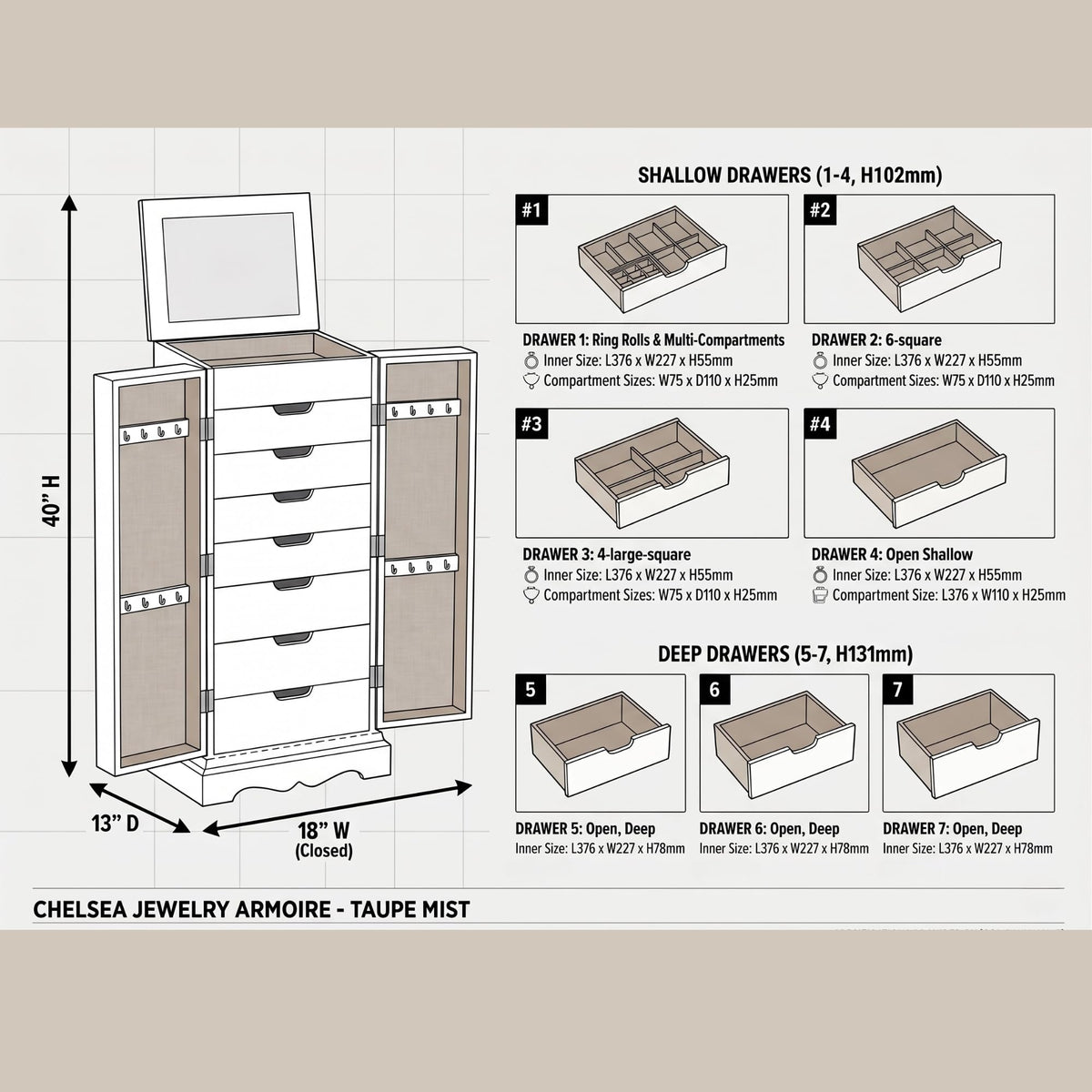 Hives and Honey Chelsea Jewelry Armoire, Taupe Mist