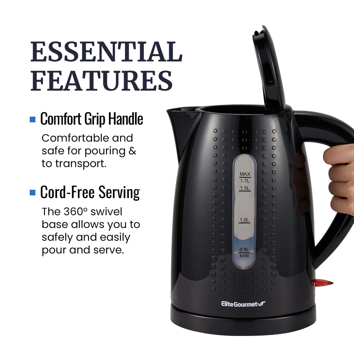 Elite Gourmet EKT5051 1.7L Electric Water Kettle, BPA-Free, Fast Boil, Auto Shut-Off, Boil-dry Protection, 360° Swivel Base with Cordless Serving, Clear-view Window with Water Level Markings, Black
