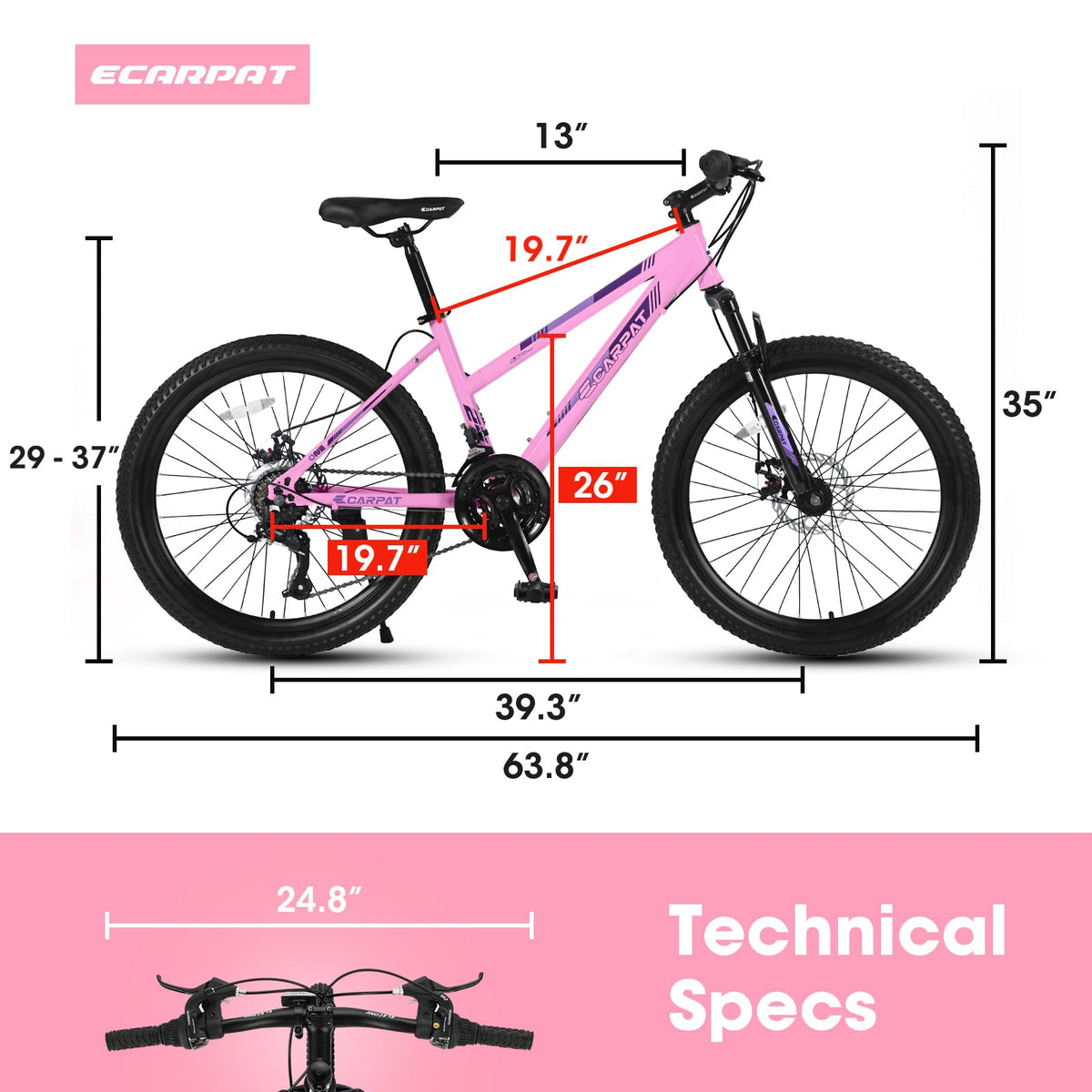 Ecarpat Women's Mountain Bike 24 Inch Wheels, 21-Speed Trail Commuter City Mountain Bikes, 15" Carbon Steel Frame Female Bicycles Disc Brakes Front Fork, Pink