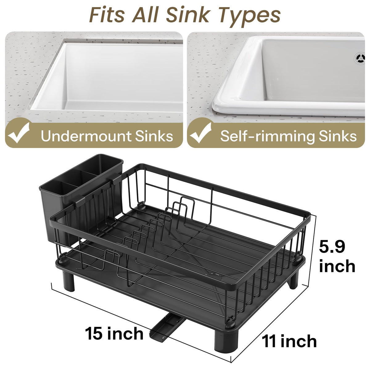 SNTD Dish Drying Rack - Space-Saving Dish Rack for Kitchen Counter, Stainless Steel Dish Drainer with Utensil Holder and Drainboard, 11" W x 15" L (Black)