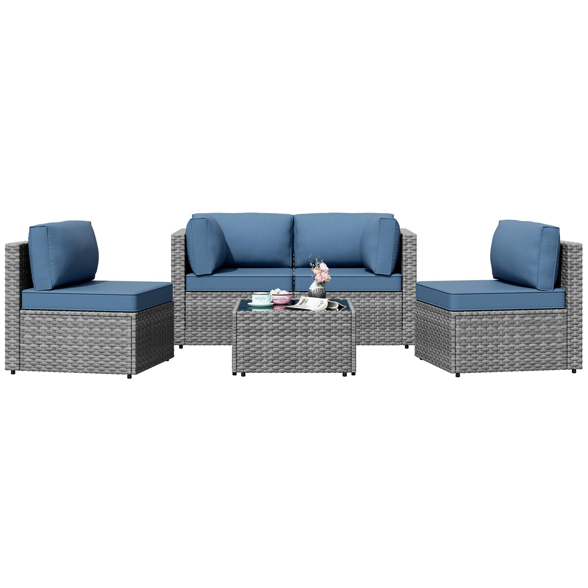 Patio Furniture Sets, 5 Piece Outdoor Sectional Sofas, Wicker Rattan Outdoor Furniture Patio Conversation Set, All-Weather PE Rattan Outdoor Couch for Backyard, Garden, Gray & Aegean Blue