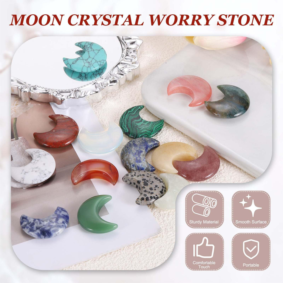 MECCANIXITY 10 Pcs Moon Crystal Worry Stone, 1.2 Inch Length Natural Rhodonite Moon Gemstone Bulk, Carved Pocket Stones for Meditation Balancing Pendant Decor