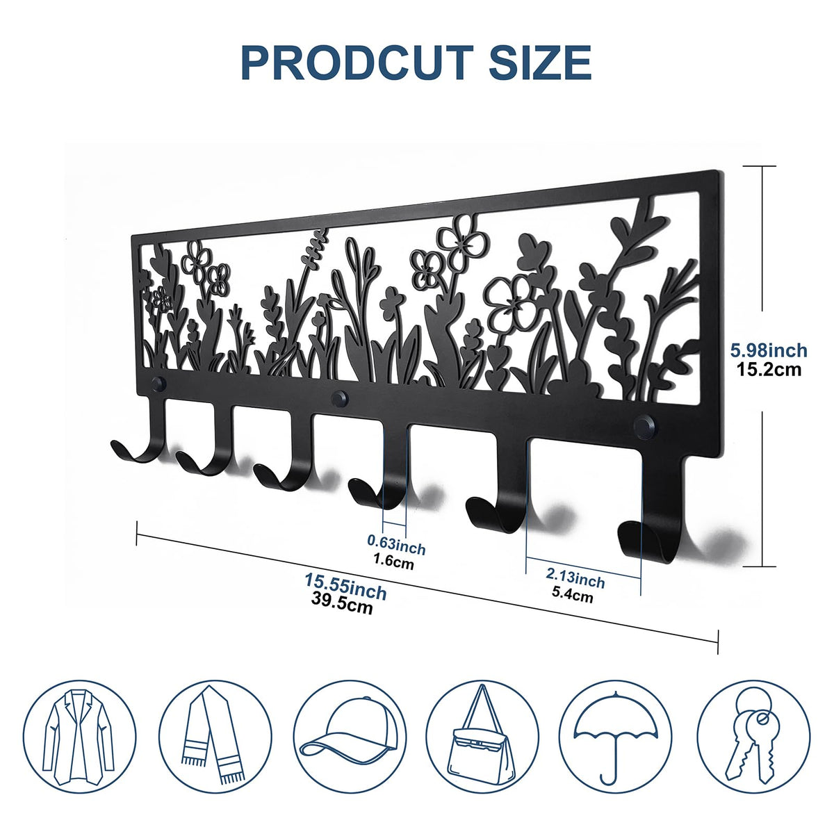 MUYUSEN Floral Wall Mounted Coat Rack with 6 Hooks Decorative Black Metal Hanger for Coats, Hats, Bags, Keys,Towels - Ideal for Hallway, Bathroom, Kitchen, Office (15.55x5.98x1.22 Inches)