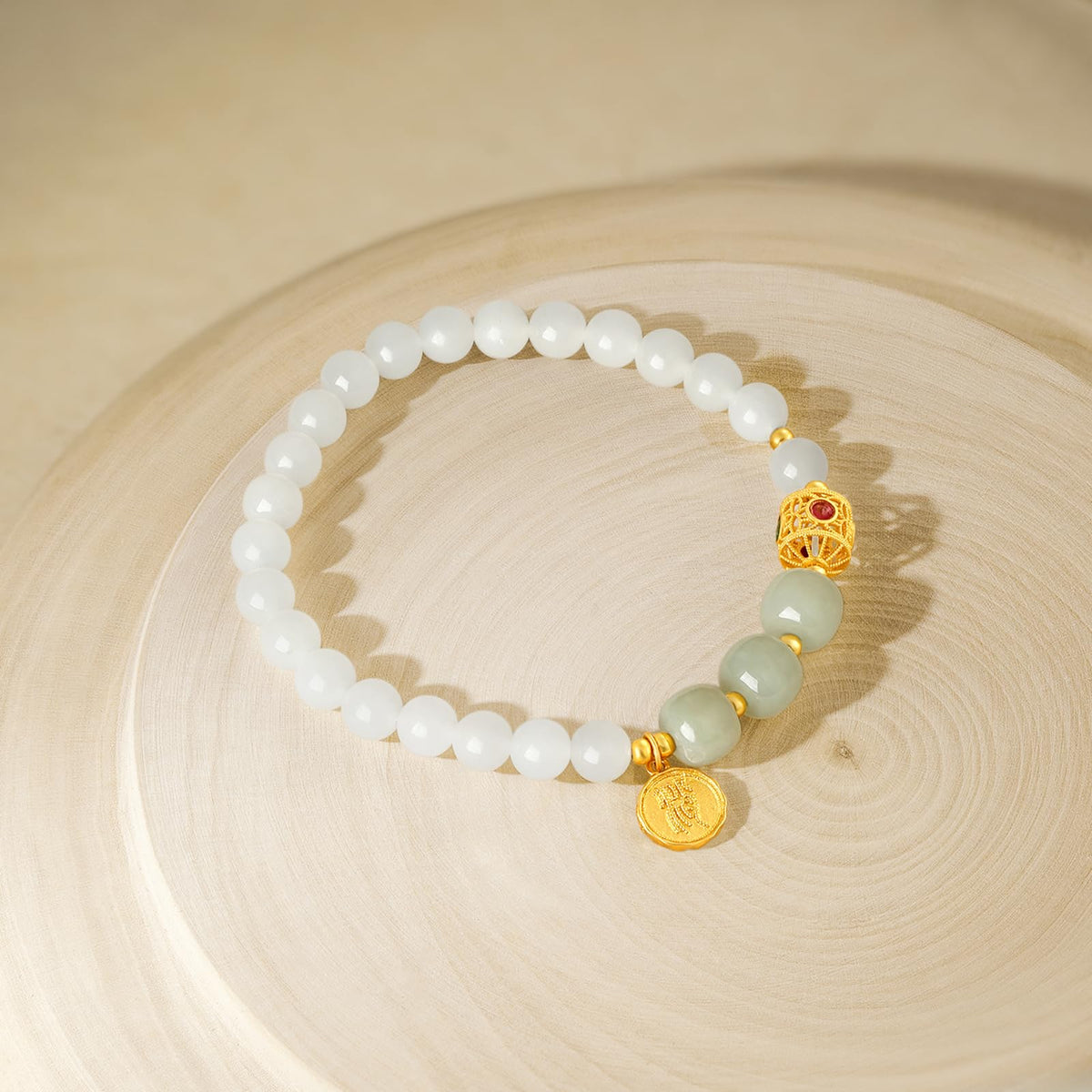 ZHOU LIU FU Sterling Silver Bracelets White Jasper Bracelet Bead Bracelet Green Jasper Round Fortune Charm Bracelet Stretch Bracelet for Women Mom Lover Birthday Aniversary 6.7inch/17cm
