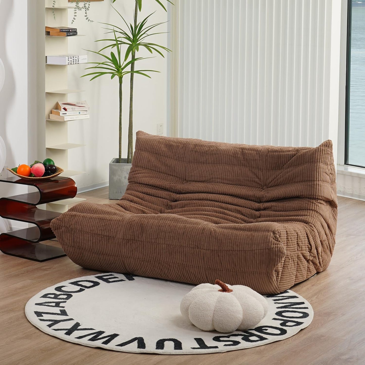 N&V Fireside Loveseat, Mid Century Armless Twin Size Floor Sofa, Soft Premium Corduroy Floor Lounge Chair, Foam Sofa Accent Chair for Living Room Bedroom and Office, Brown Sugar