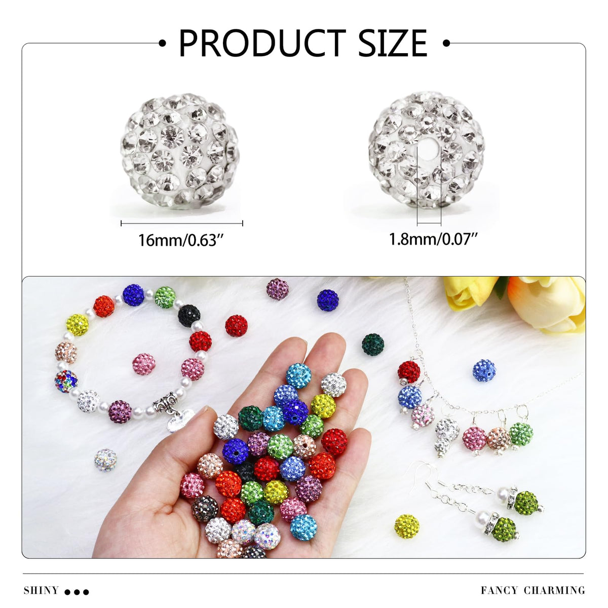 Dowarm 110PCS 10MM White Rhinestone Beads for Jewelry Making, Round Polymer Clay Crystal Beads for Crafts Bracelet Necklace Beaded Pen, Shamballa Pave Disco Ball Diamond Bead