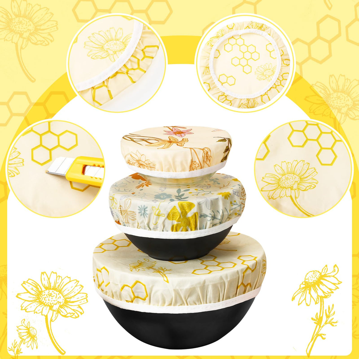 Yiyiring 6 Pcs Reusable Beeswax Bowl Covers for Bread Proofing 6/8/10 Inch Elastic Cotton Bowl Cover 3 Pattern Cloth Food Wrap Bread Proofing Cap for Mixer Container Baskets