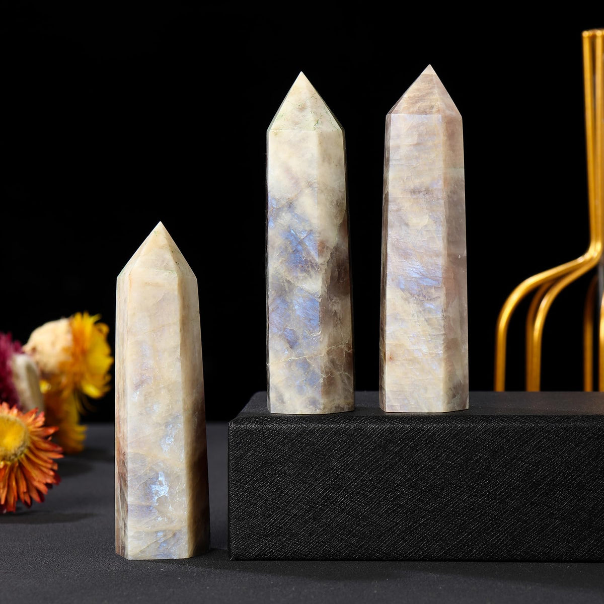Runyangshi 1PCS Natural Crystal Moonstone Tower 2.75"-3.14" (7-8 cm) 6 Faceted Single Point Prism Healing Crystal Wand for Meditation Reiki Chakra Therapy