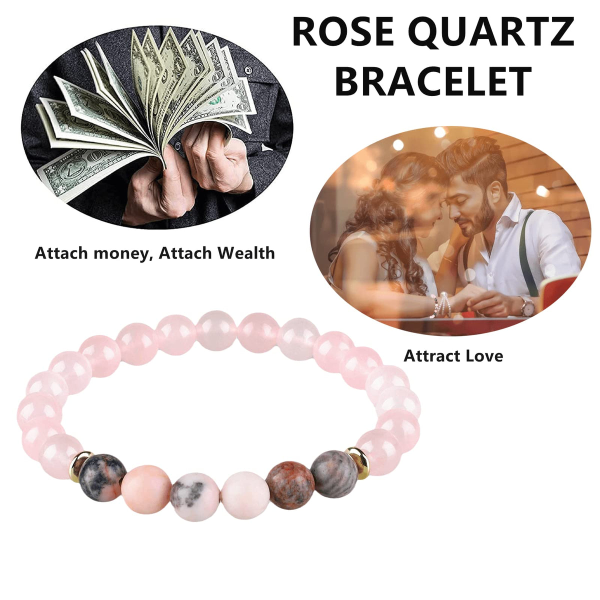 HOZEAL Rose Quartz Bracelet, Love Friendship Pink Crystal Stone Chakra Bracelet, Business Money Energy Wealth Good Luck Prosperity Feng Shui Beaded Bracelet for Men Women