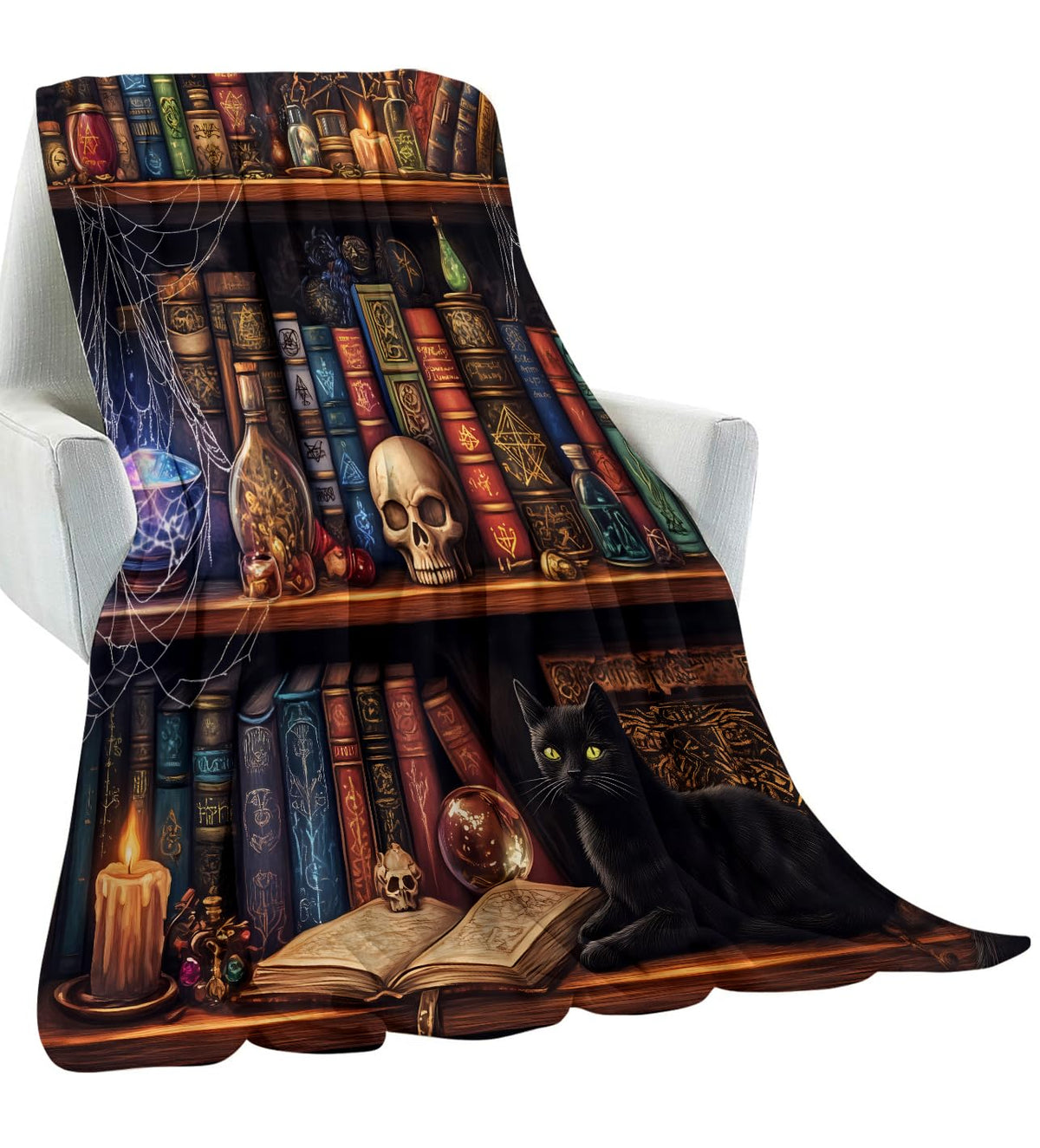 amepay Gothic Library Blanket Gifts for Women Adult Girls,Goth Witches Bookshelf Throw Blankets,Soft Comfy Lightweight for Home Halloween Couch Bed Sofa Decor Skulls Black Cat Potions Design 50x60in