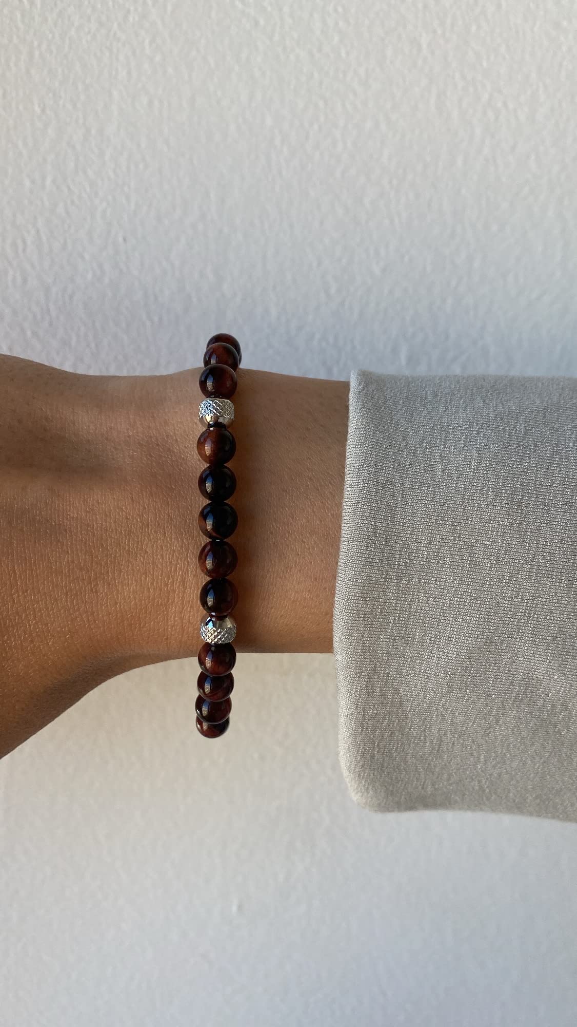 10:10 Beaded Bracelet for Men and Women – Natural Red Tiger Eye Gemstones and Stainless Steel – Adjustable & Durable & Elegant – Made in Italy