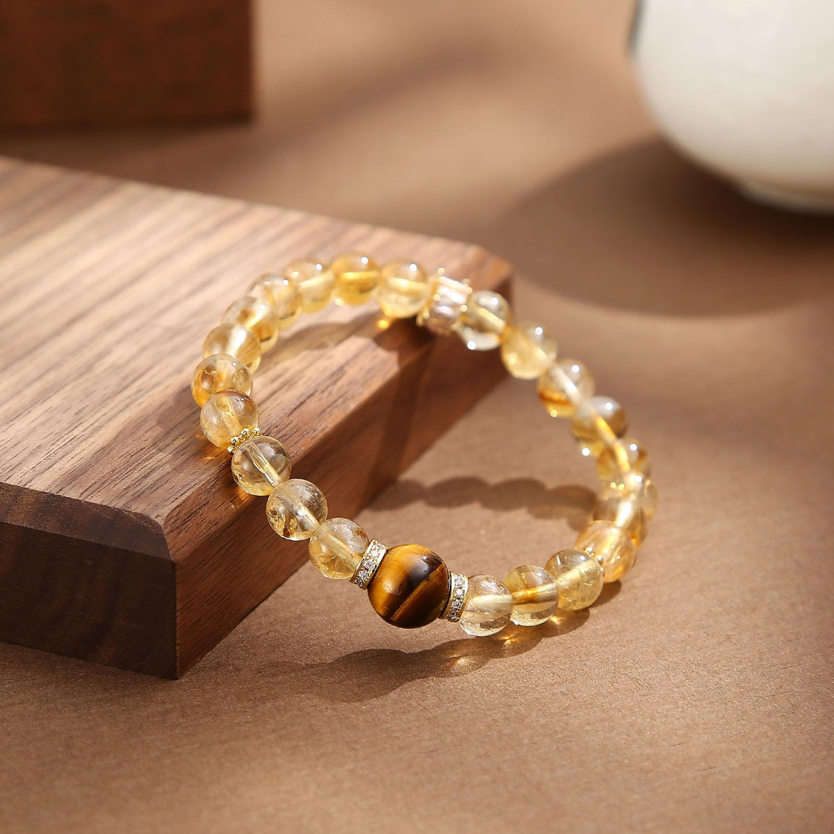 Magiriam Citrine Crystal & Tiger’s Eye Stretch Bracelet with Zircon Inlay | 17CM Comfortable Elastic Fit | Healing Gemstone Bracelet Single Circle-Gift for Women Lady and Friends