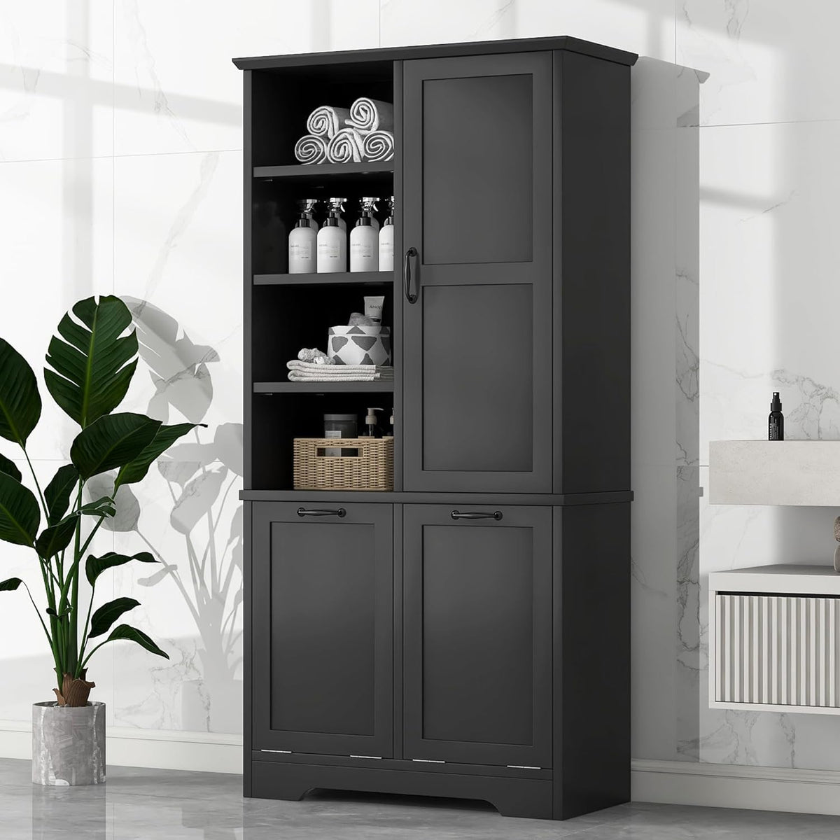 Virubi Tall Laundry Cabinet with 2 Tilt Out Laundry Hamper, Wood Bathroom Storage Cabinet with Doors and Adjustable Shelves Freestanding (Black)