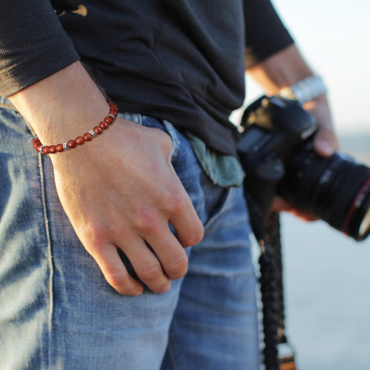 GAVU Stainless Steel Stone Beaded Red Jasper Bracelet for Men