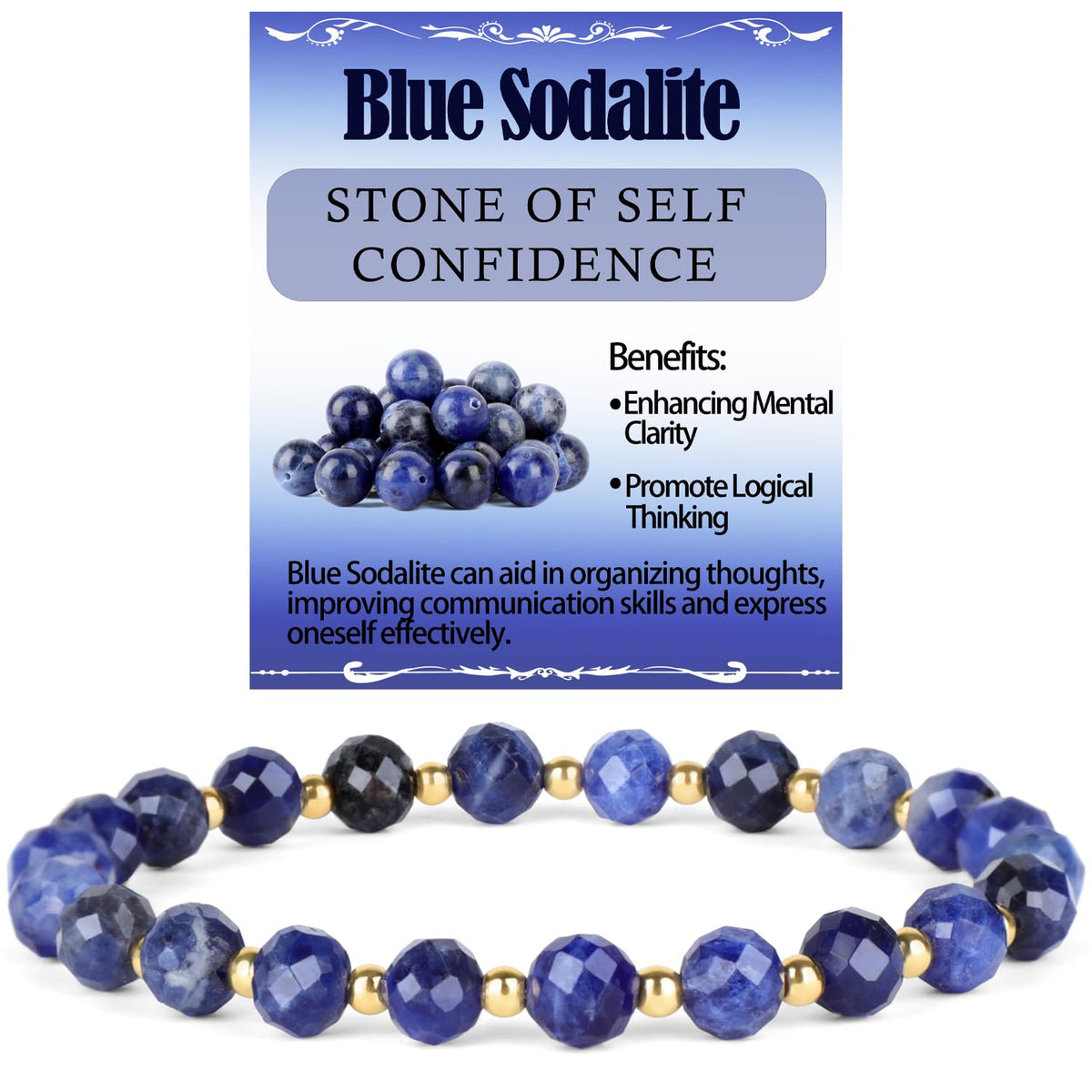 QOGIR Blue Sodalite - Self Confidence - 14K Gold Plated Beads Natural Gemstone Stretch Elastic Dainty Healing Beaded Bracelets Gifts 6mm