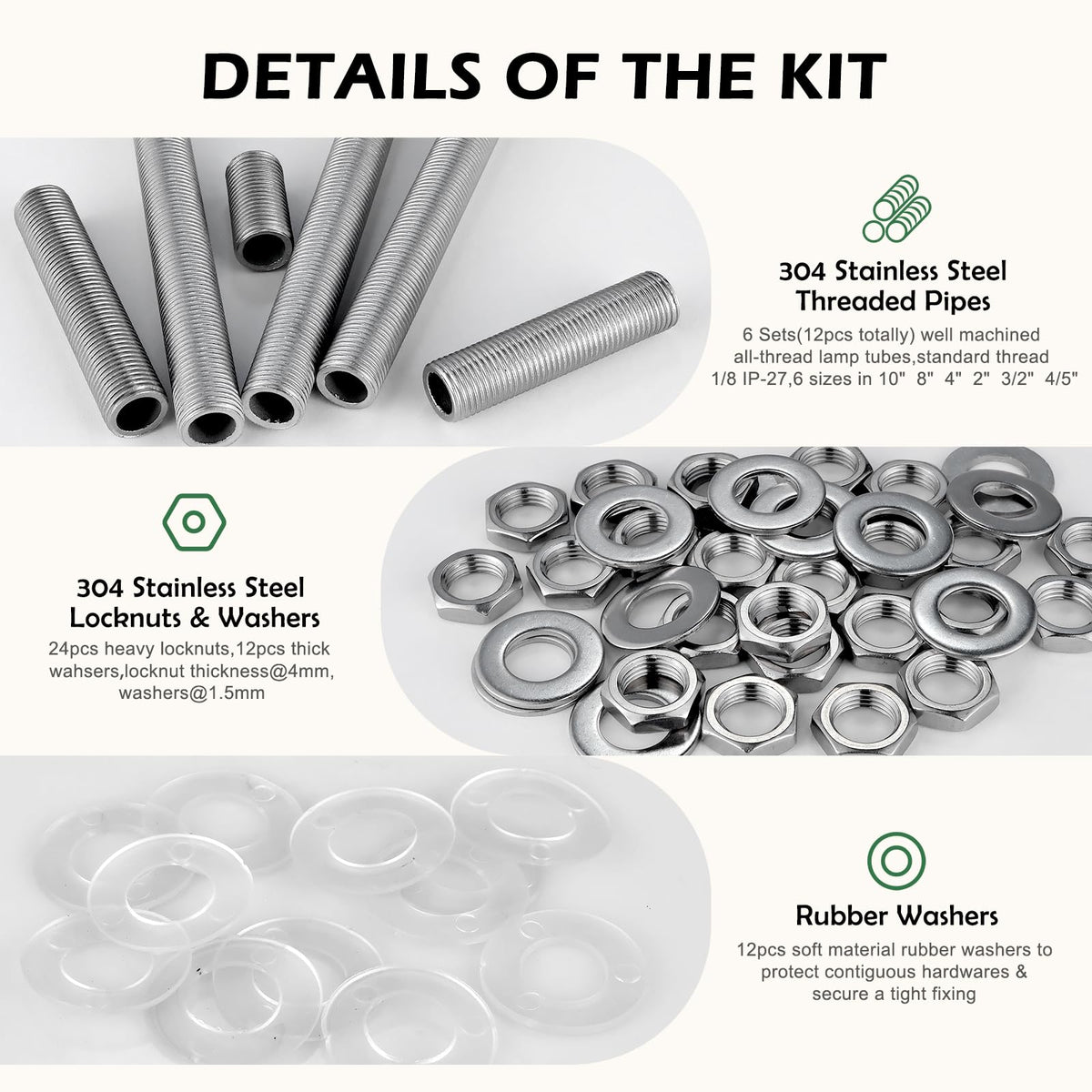 Stainless Steel Lamp Pipe,Lamp Repair Hardware Assortment,SS304 Lamp Assembly Hardware Including 10" Nipples,Washers & Locknuts.Threaded Lamp Rod for Outdoor Lamps (304 Stainess Steel)