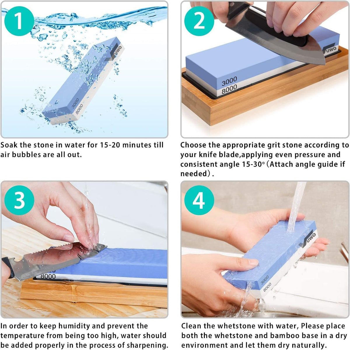 vuwo Knife Sharpening Stone Kit - Whetstone Grit 400/1000 3000/8000 Premium Knife Sharpener Wet Stone Set with Bamboo Base Angle Guide Leather Strop Flattening Stone Silicon holder
