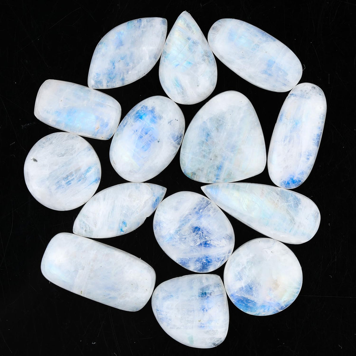 GemSymphony 100 Carat Natural Rainbow Moonstone Gemstone Cabochon Lot Mixed Shapes – 6 to 8 pcs Hand Polished Crystal Stones for Jewelry Making Supply, Healing, Reiki, Craft Supplies, Unique Cab Set for Wire Wrapping & Collectors (10-20 mm)