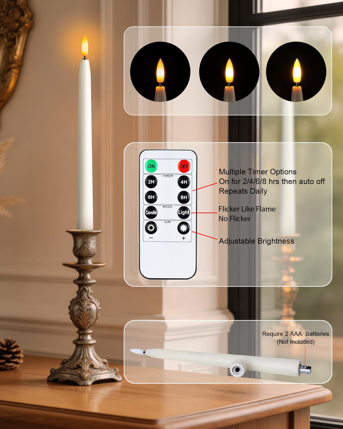 Homemory 11 inches Waxy Flameless Taper Candles with Remote Timer Dimmer, 12 Pcs Battery Operated Taper Candles with Flickering Flame, White LED Candlesticks for Wedding, Christmas Indoor Decoration