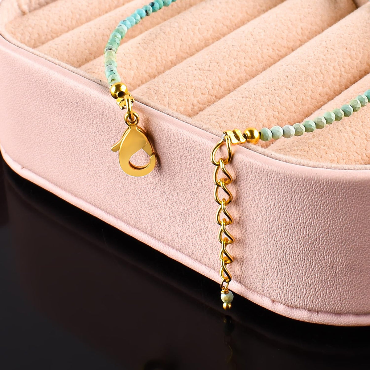 Natural Blue Turquoise Gemstone Micro Beads Dainty Bracelet Jewelry for Women, December Birthstone, Chakra Energy Crystals, 14k Gold Plated Chain 8 inch Adjustable