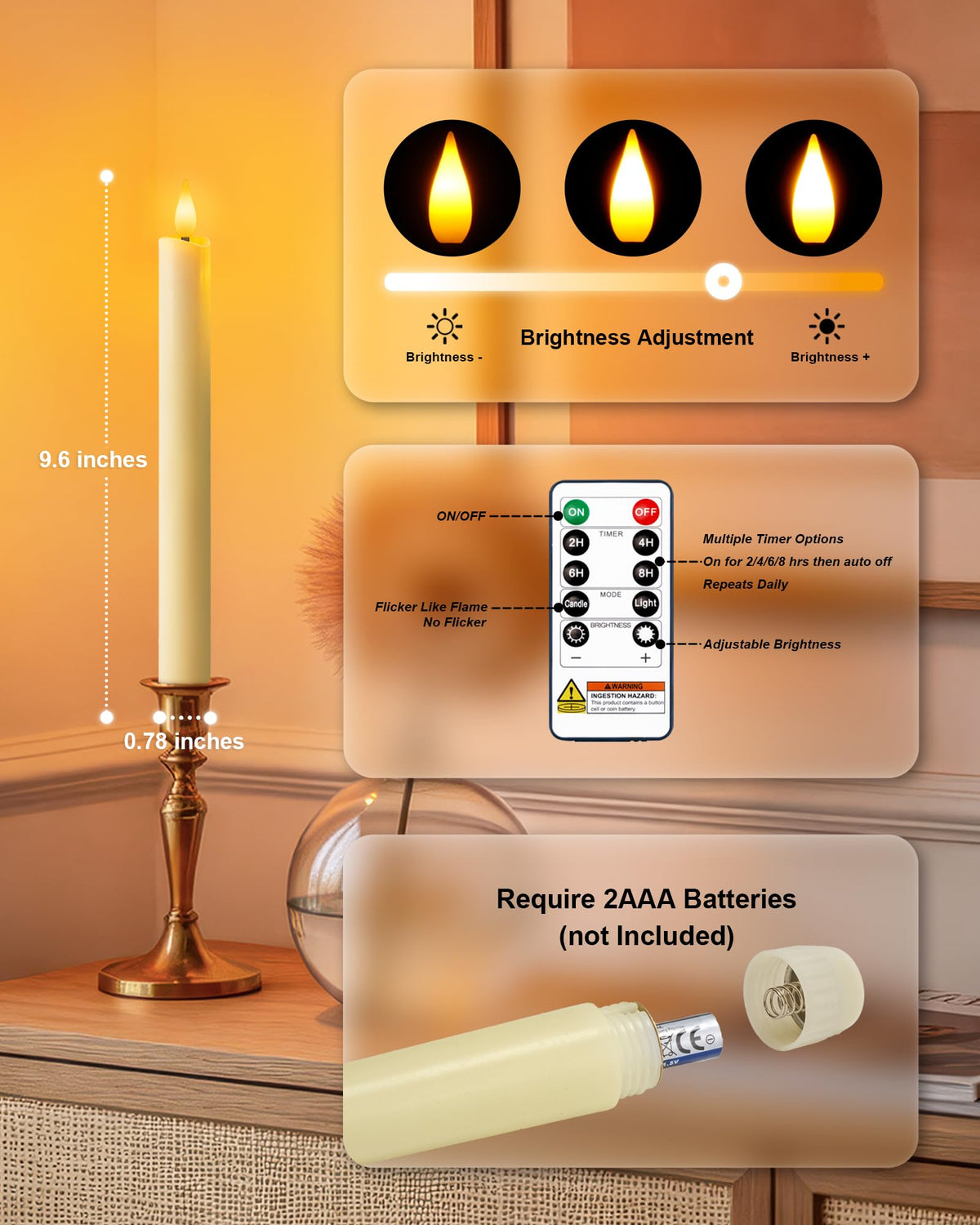 Homemory 12 Pcs Waxy Flameless Taper Candles with Remote, Flickering Battery Operated Taper Candles, Led Flameless Candlesticks Classic Tall Candle for Home, Wedding, Party, Ivory, 9.6 inches