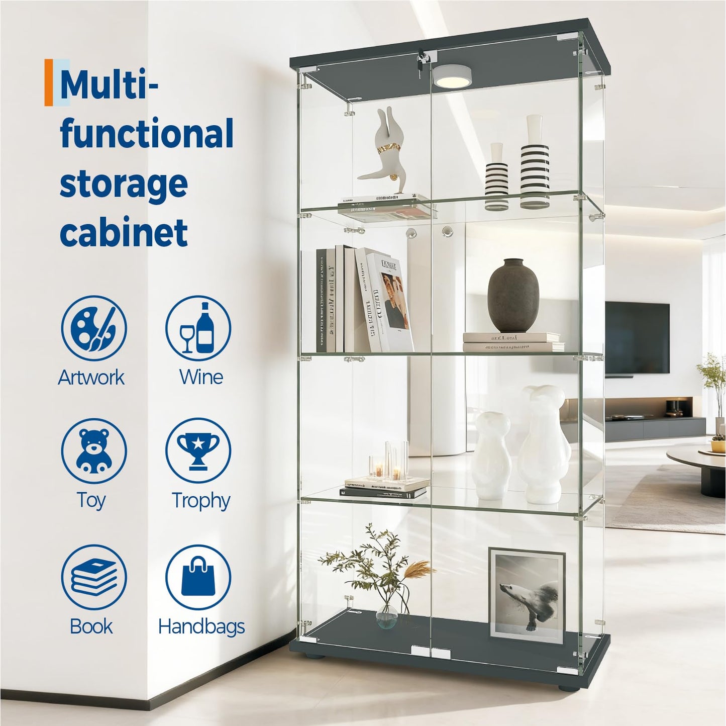 IDEALHOUSE Tempered Glass Display Cabinet with LED Light, 4 Shelves Lockable Curio Showcase, Double Doors Storage Cabinet for Living Room Bedroom Office, Black (64x31.7x14.3 in)