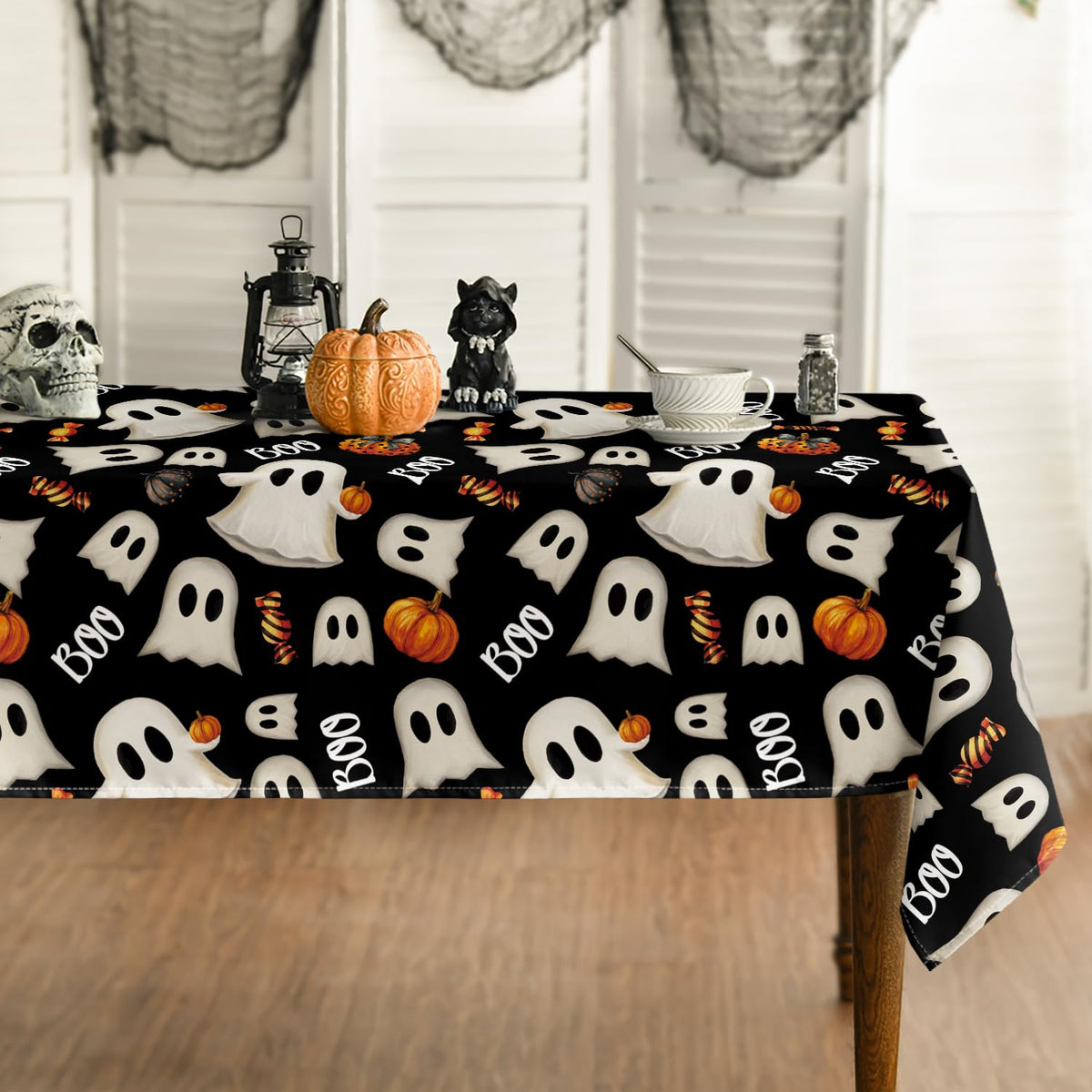 Horaldaily Halloween Tablecloth 60×104 Inch Rectangular, Black Ghost Pumpkin Candy Washable Seasonal Table Cover for Party Picnic Dinner Decor
