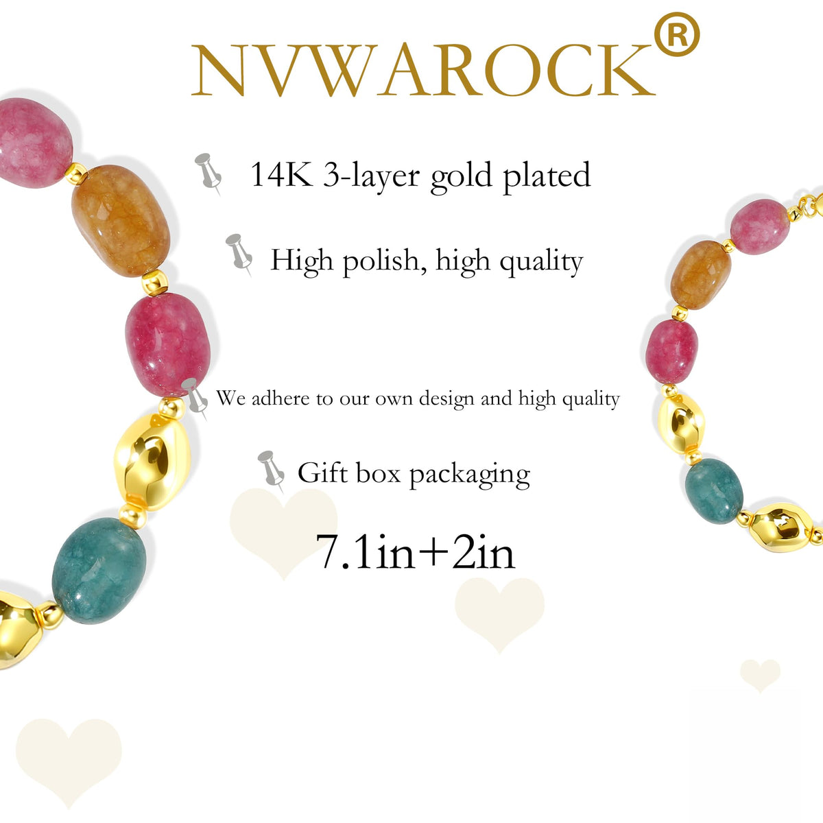 NVWAROCK Beaded Bracelet for Women, Colorful Gemstone Bracelet, 14K Gold Plated Stackable Handmade Oval Stone Bracelet Multicolor Jewelry Gift - Colourful