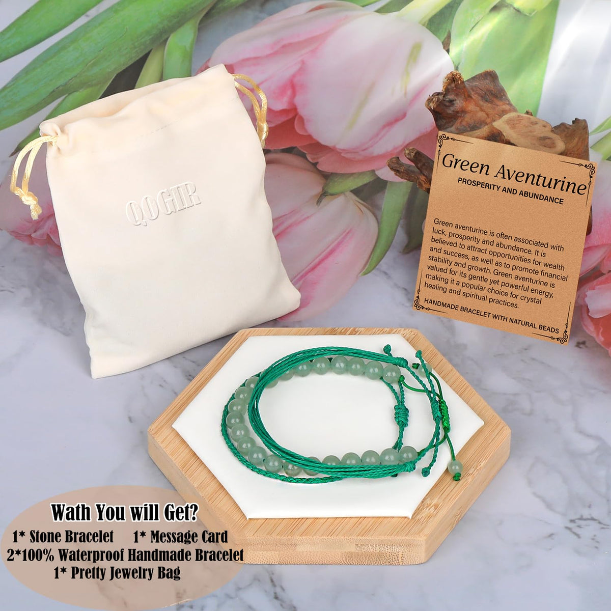 QOGIR Handmade Healing Stones Bracelet,8mm Natural Green Aventurine Gemstone Beads Bracelet,for Men Women Gifts with 2PCS Size Adjustable Rope Bracelets