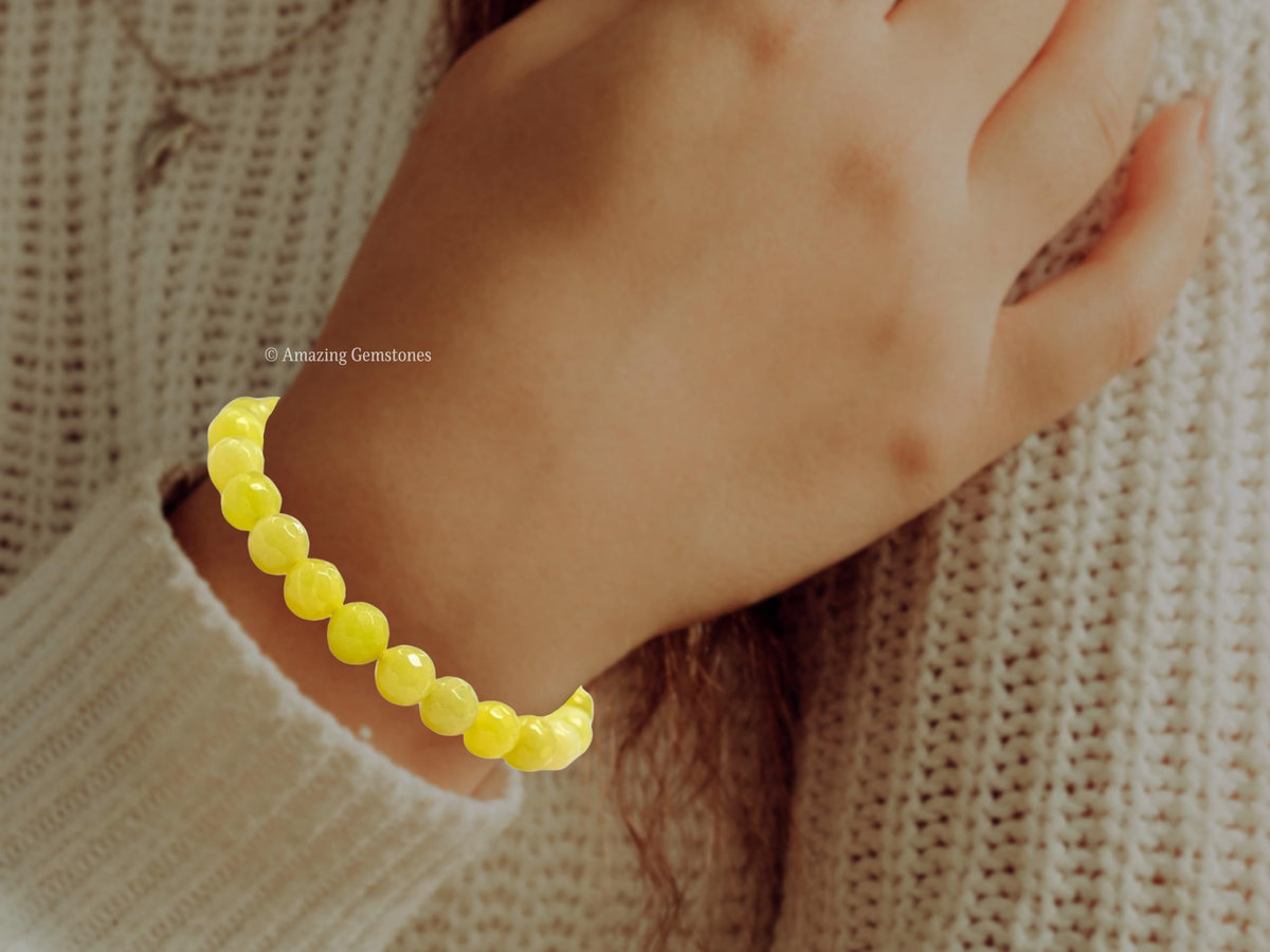 Amazing Gemstone Lemon Jade Bracelet for Women - Chakra Mens Bracelet Protection Crystals&Healing Stones - Blessing Bracelet Spiritual Meditation Gift(Faceted Beaded Bracelet, Adjustable)