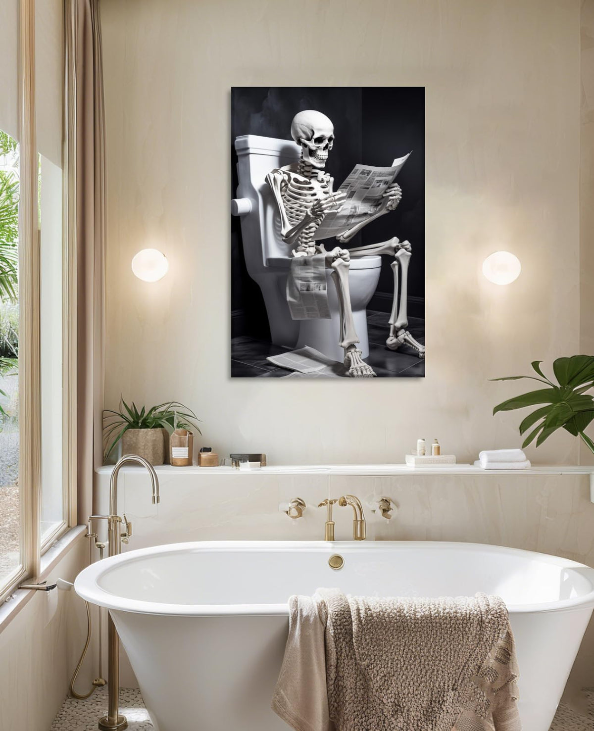 Canvas Wall Art Bathroom Decor Skeleton Sitting on Toilet Reading the Newspaper Picture Funny Skull Painting Modern Artwork for Home Decor Framed(Art-1,16.00"x24.00")