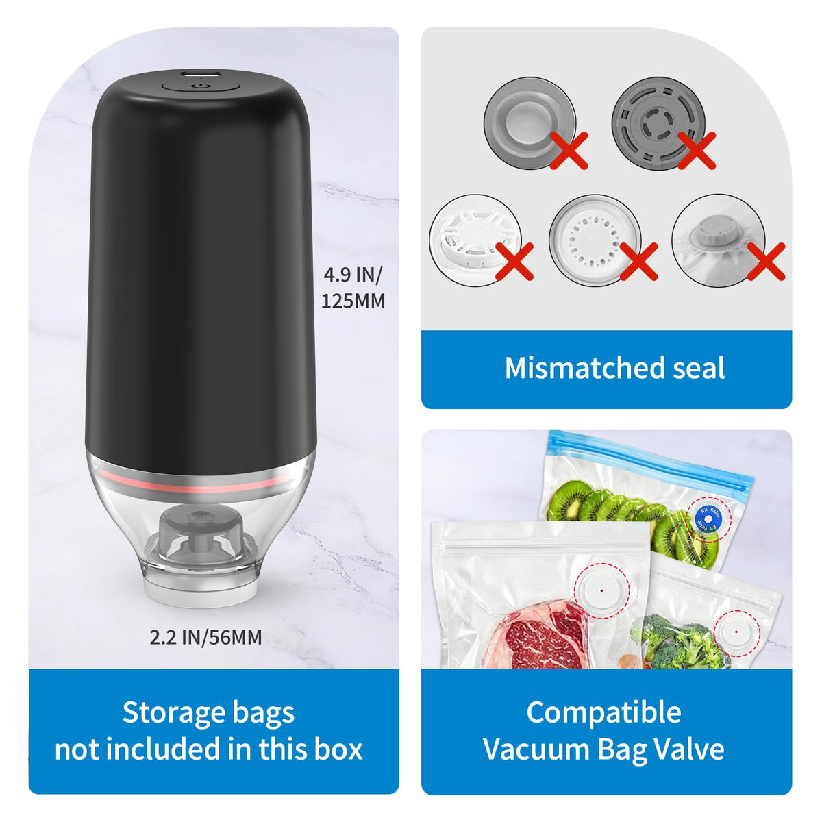 BAMCOO Handheld Vacuum Sealer, Sous Vide Vacuum Pump, Rechargeable Hand Held Vacuum Sealer for Food Storage, Camping, Sous Vide, Reusable Vacuum Bags Compatibility, Black(Pump Only)