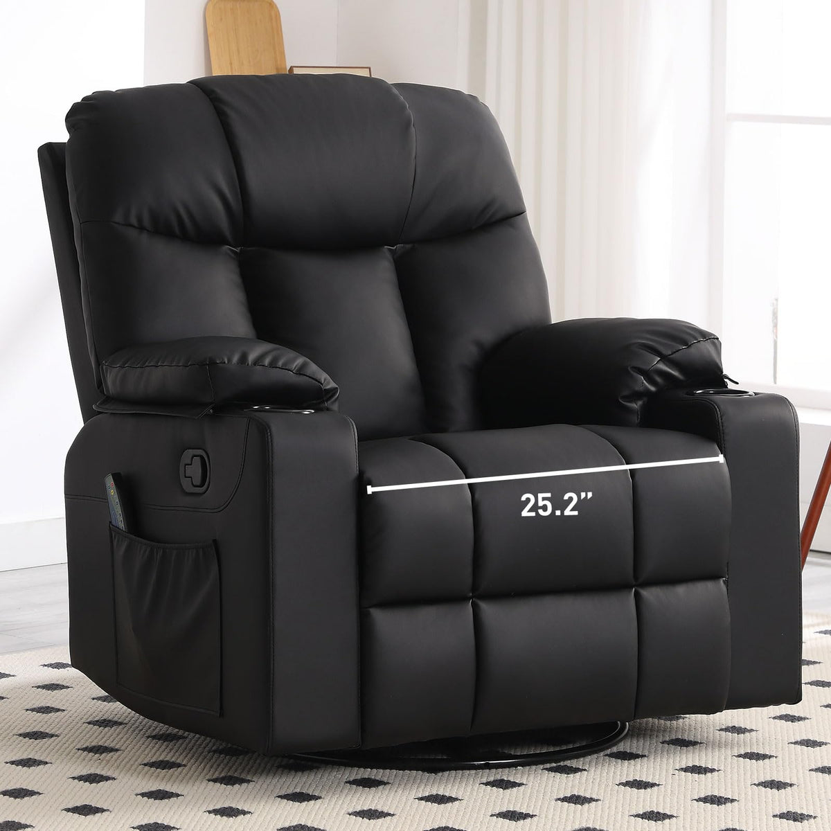 Bonzy Home Oversized Swivel Rocker Recliner, 40" Rocking Recliner Chair with Heated and Massage, PU Leather Single Sofa with Swivel Function, 2 Cup Holders for Living Room Bedroom, Black