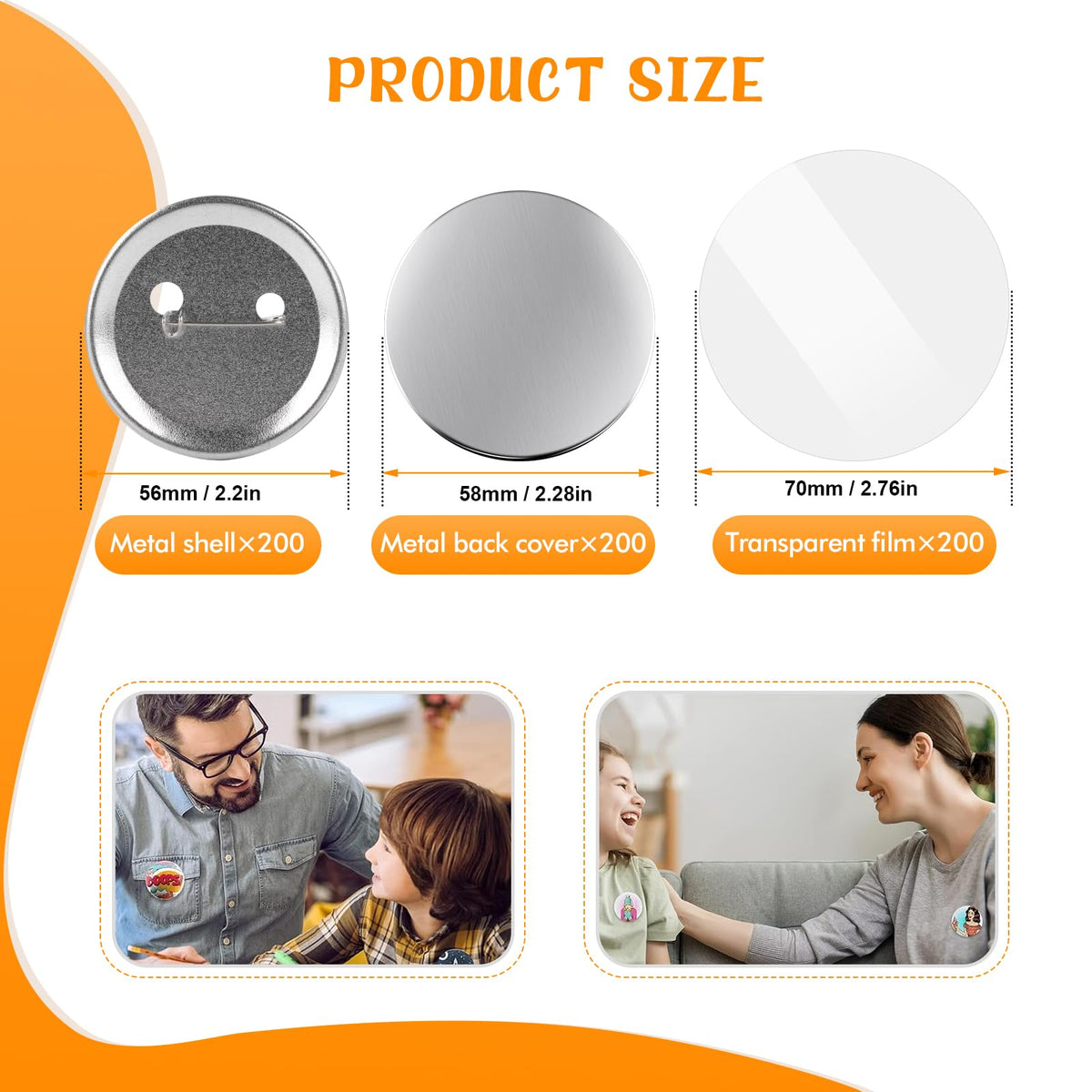 Vanttokeey 200Pcs Button Maker Supplies, 25mm 32mm 58mm Button Supplies Badge Part with Metal Back Cover, Metal Shells, Transparent Film (58mm/2.25in)