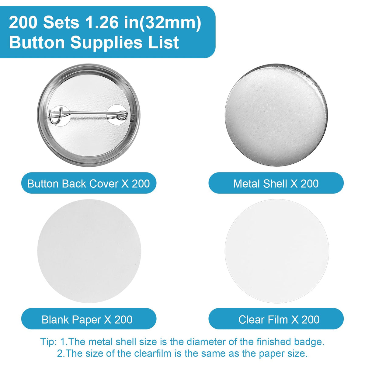 KUNTAERY 200Set 1.26 Inch Button Maker Supplies, 32mm Button Supplies Parts, Approx. 1.25 Inch Metal Blank Badge Parts with Blank Paper for Maker Machine Pin Maker Press