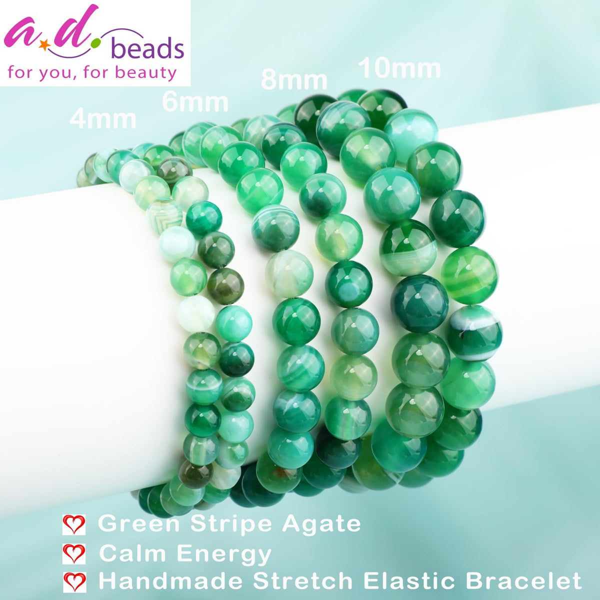 AD Beads 8mm Handmade Green Stripe Agate Elastic Bracelet – Natural Gemstone for Calm energy – Meditation, Yoga, Healing and Energy Gift for Men Women