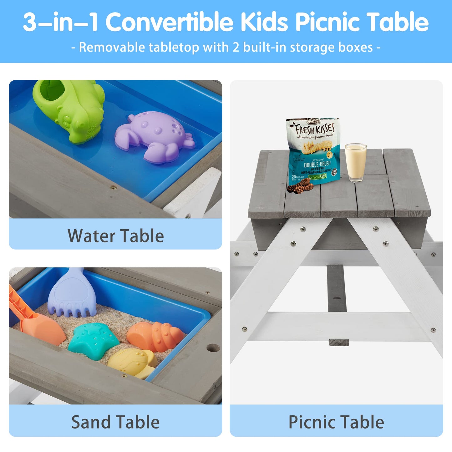 3 in 1 Outdoor Wooden Picnic Table with Umbrella, Convertible Sand Wate, Gray CPSIA Certification