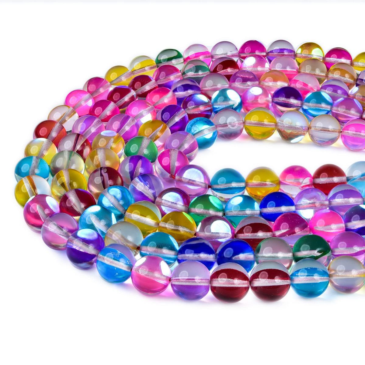 Asingeloo 8mm Mix Color Angel Aura Beads Round Gemstone Beads Polished Mermaid Aura Moonstone Beads Smooth Stone Loose Beads Crystal Quartz for DIY Jewelry Making 1 Strand 15"