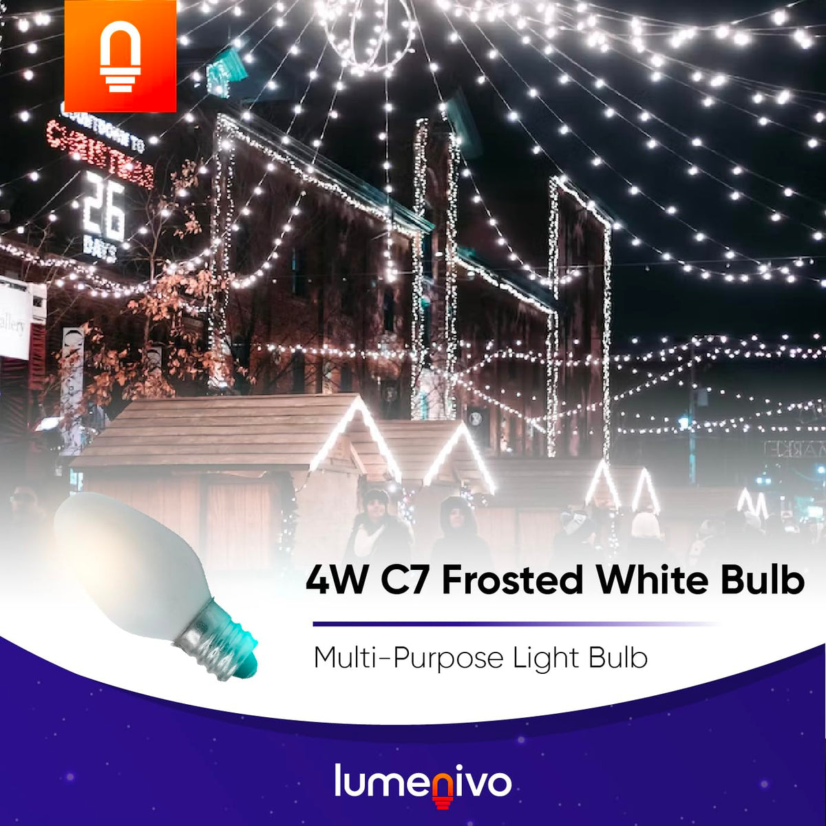 lumenivo 4W Replacement C7 Frosted White Bulb 120V Incandescent Light Bulb for Holiday Decor, Small Night Light, Baby Showers, Christmas Bulbs - E12 Candelabra Base - 2 Pack