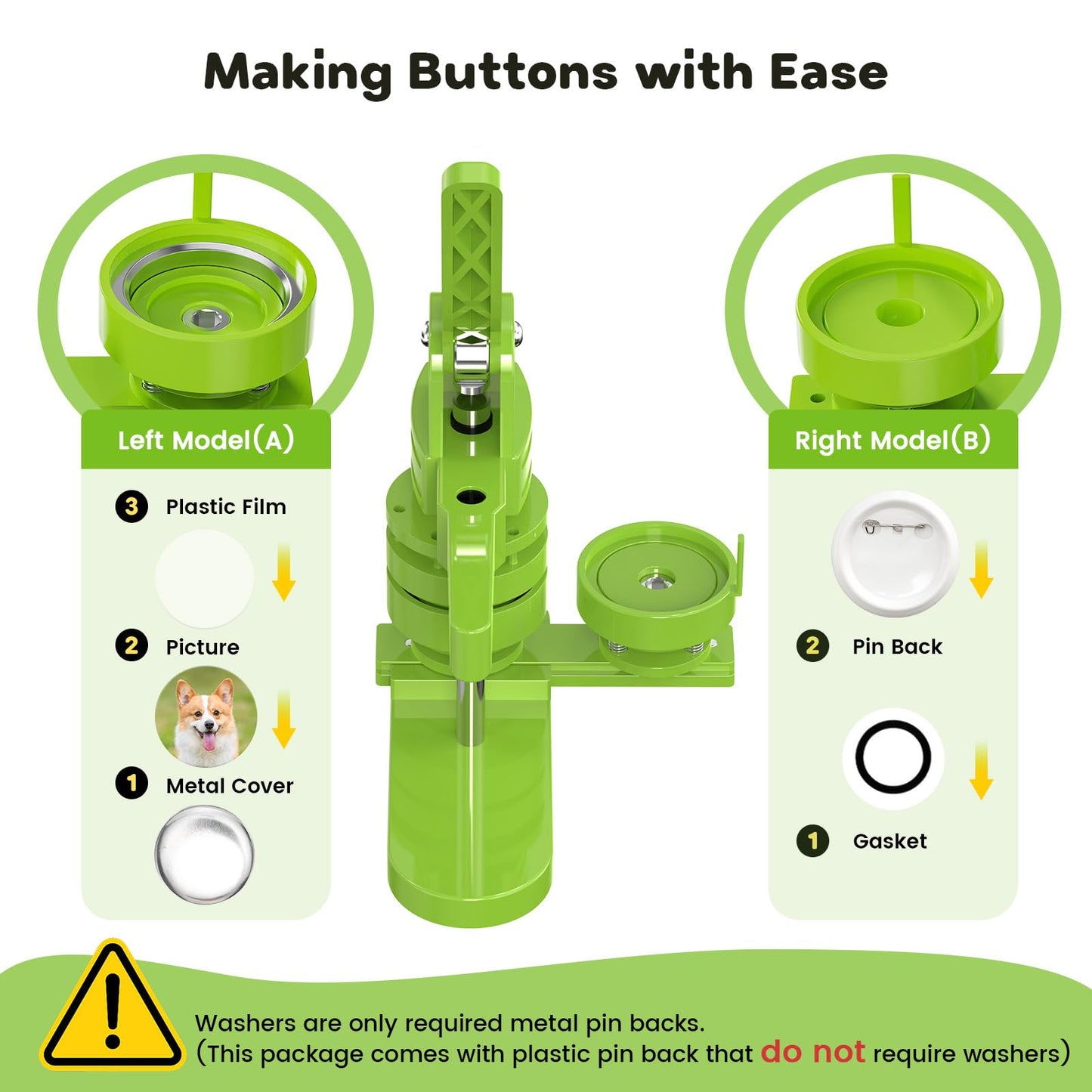 Aiment Button Maker Machine Multiple Sizes 200Pcs, Badge Maker 1.25+2.25 inch for Kids, Badge Press Machine with 200 Sets Button Making Supplies & Cutter & Cutting Mat (Green, 32/58mm)