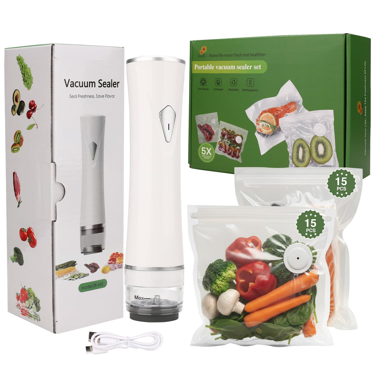 Handheld Vacuum Sealer for Food Storage - Vacuum Storage Bags and Machine - 30 Reusable Freezer Bags - USB Rechargeable - Mini Bag Sealer - Kitchen Gadgets for Meal Prep Essentials