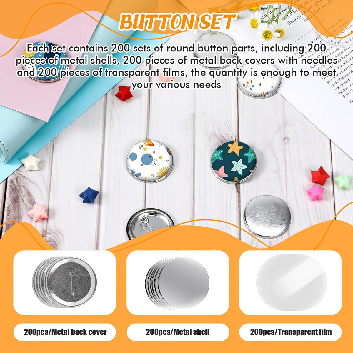 Vanttokeey 200Pcs Button Maker Supplies, 25mm 32mm 58mm Button Supplies Badge Part with Metal Back Cover, Metal Shells, Transparent Film (58mm/2.25in)