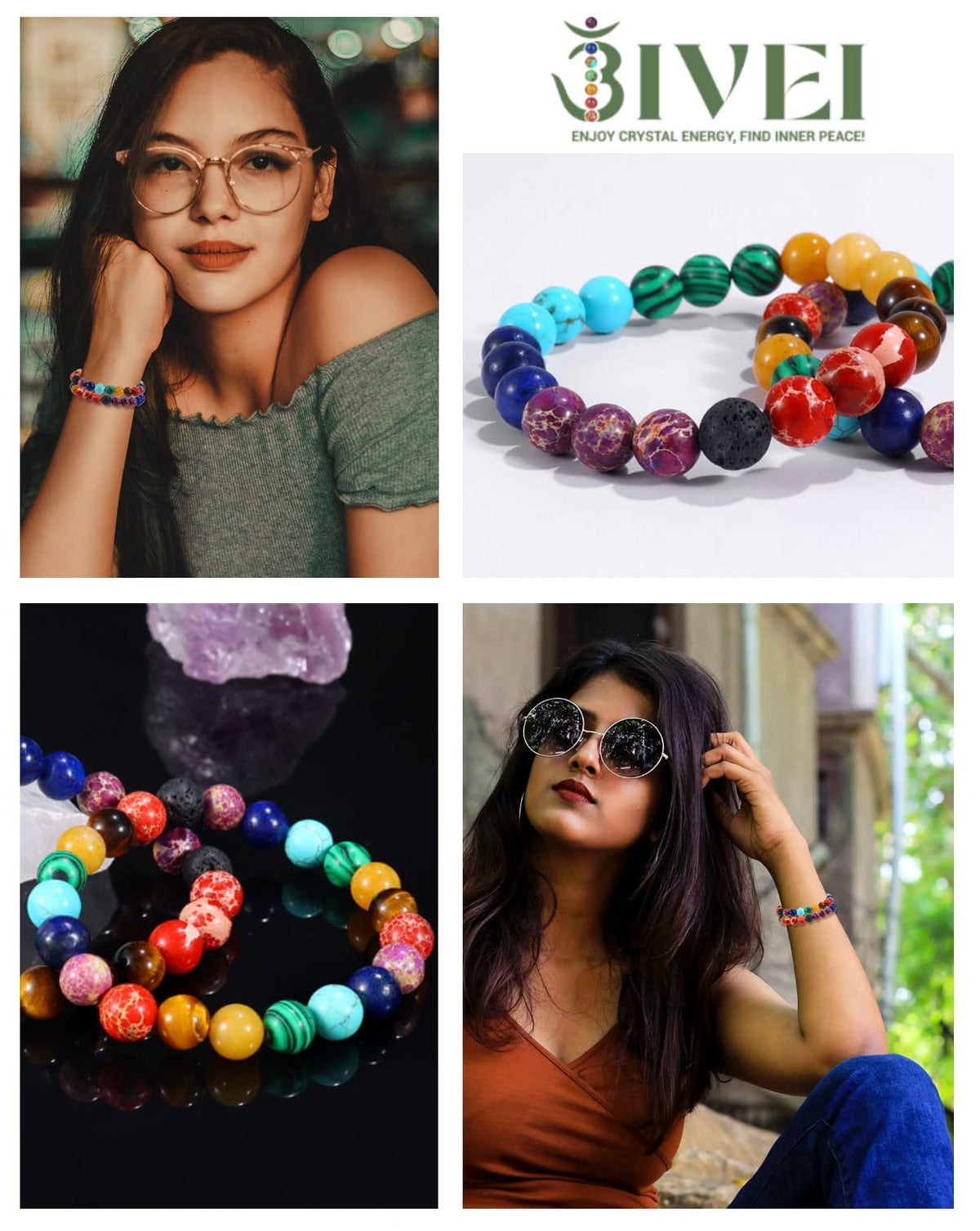 Bivei Natural Gemstone Semi Precious Healing Crystals Handmade Stretchy Round Beads Bracelet, Enhance Positive Energy(Chakra Bracelet (Inner Balance) Small)