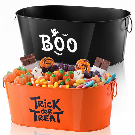 Blulu 2 Pcs Large Halloween Candy Bowl Trick or Treat Bucket Boo Basket Orange and Black Party Serving Tub for Snacks and Goodies, Oversized Halloween Decor for Porch and Tabletop