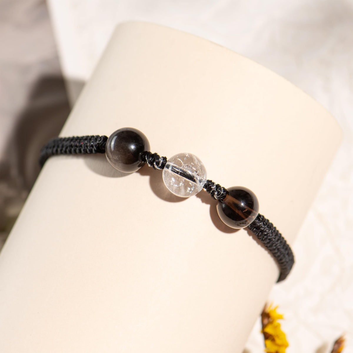 AuraKnots Protection Bracelet, Crystal Bracelets with Genuine Gemstones for Aura Protection & Grounding, Hand-Knotted with Smoky Quartz, White Azeztulite & Silver Obsidian, Adjustable for Women & Men