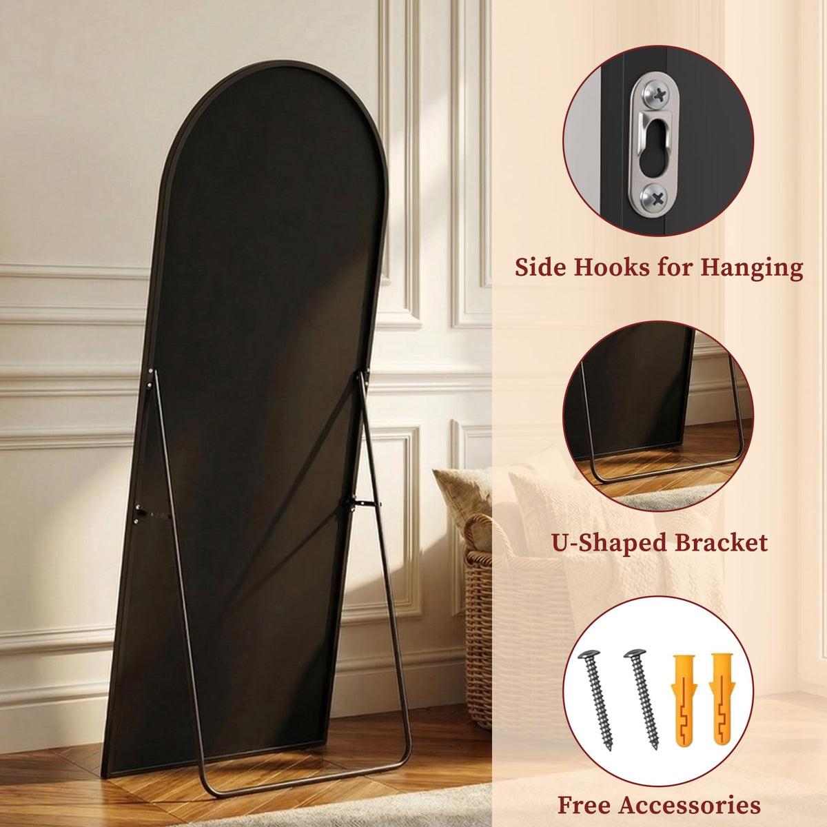 Suidia 88"x44" Arched Full Length Mirror with Stand, Full Body Mirror with Aluminum Frame, Freestanding/Leaning/Wall-Mounted, Floor Mirrors for Bedroom, Living Room, Entryway, Dressing Room, Black