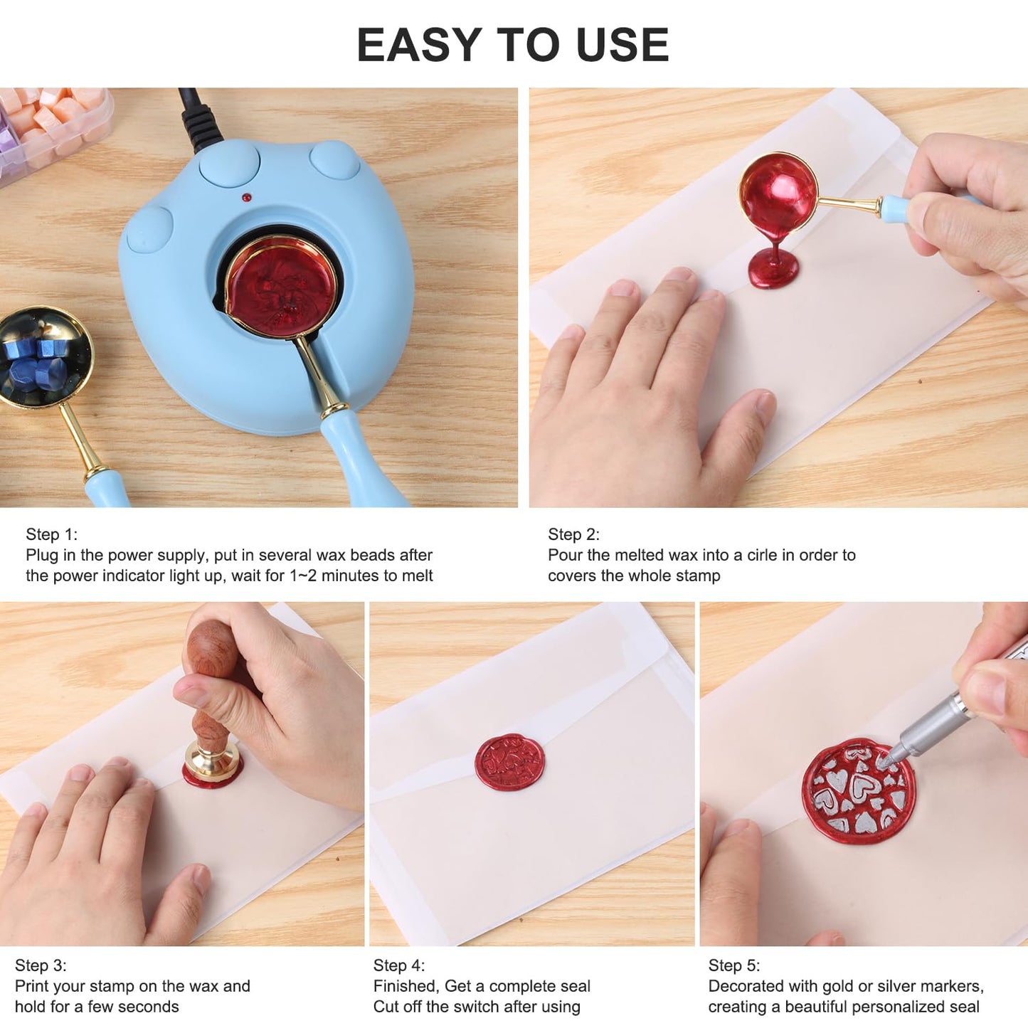 Wax Seal Electric Kit with 24 Colors Wax Seal Beads 600pcs, 3pcs (Sakura/Tulip/Fleur de Lis) Stamps with Electric Warmer Set for Sealing Invitation, Christmas, Gift Wrapping(Flower Stamp Kit)