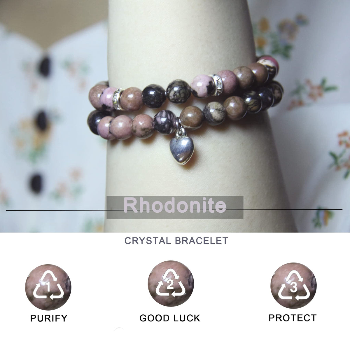 GDLKPYHS Healing Bracelets for Women - Rhodonite Bracelet - Healing Prayers Crystal Bracelet, 8mm Natural Stone Stress Relief Yoga Beads Get Well Soon Gifts