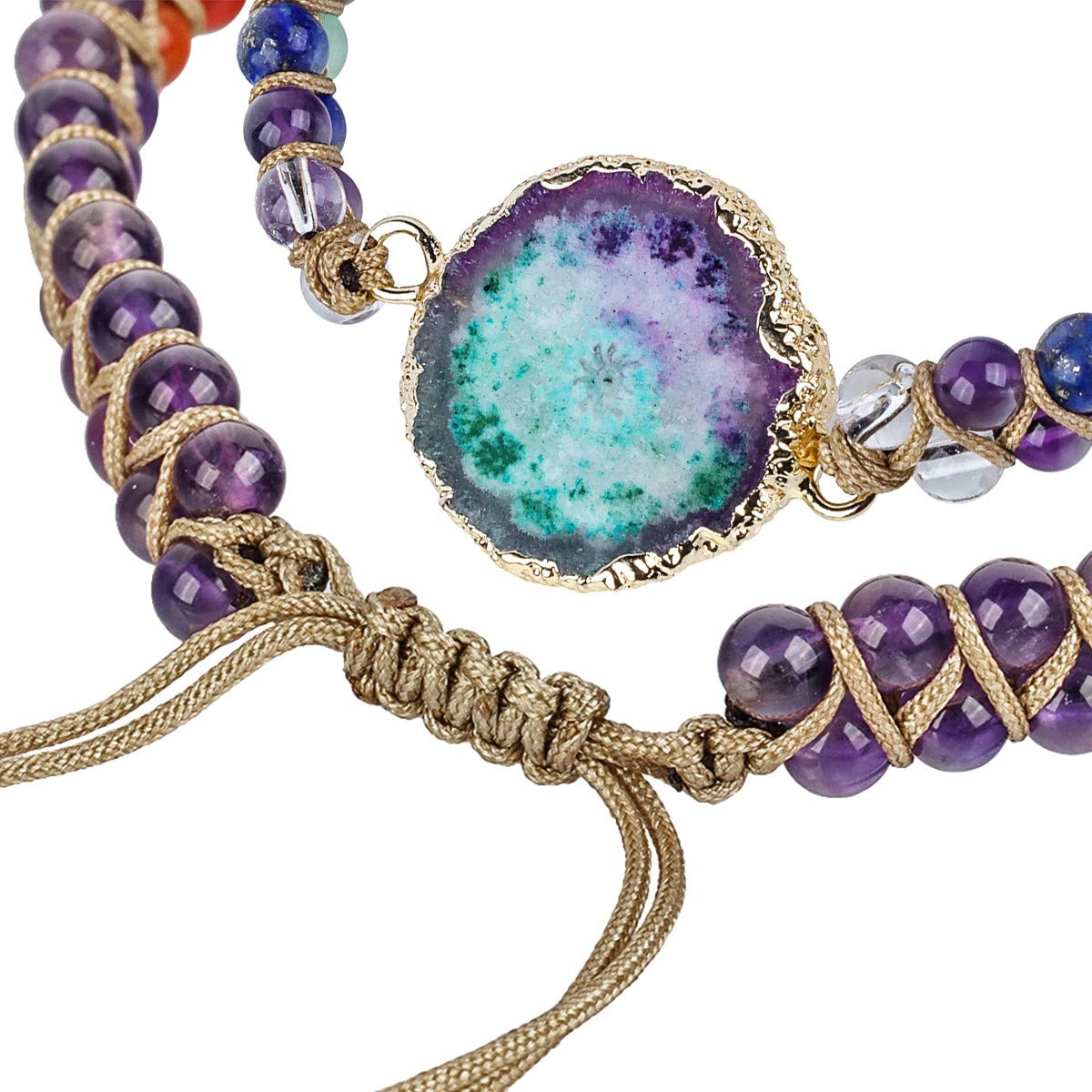 TUBMEELLUWA 7 Chakra Crystal Stones Braided Beaded Bracelet Adjustable Strand Beads Bracelet Double Layers Bangle, Gold Plated Base, Amethyst