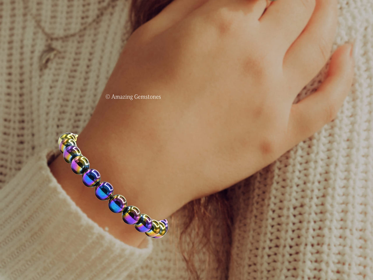 Amazing Gemstone Rainbow Hematite Bracelet, Gifts For Men & Women - Protection Healing Crystal Bracelet - 8mm Gemstone Beaded Adjustable Bracelet, Pulseras Para Hombres Mujer Stocking Stuffers